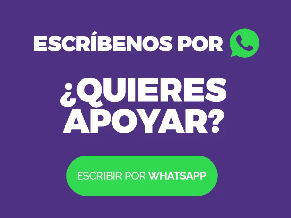 Pantalla morada con el texto “Escríbenos por WhatsApp” y botón verde “Escribir por WhatsApp” para apoyo de campaña