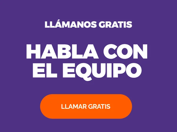 Fondo morado con el texto “Llámanos gratis” y “Habla con el equipo”, más botón naranja “Llamar gratis”